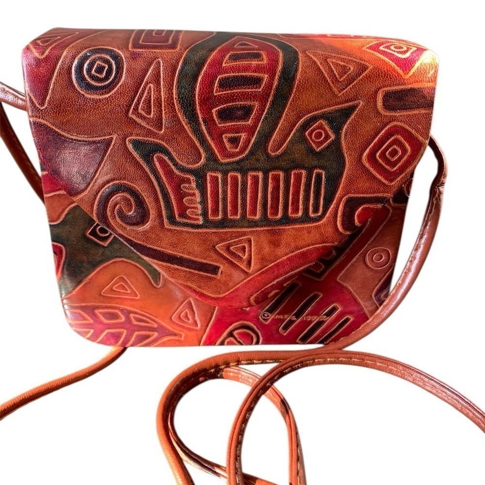 Mini Crossbody Purse Genuine Leather Boho Vintage Embossed Bird Pattern Rust Tan